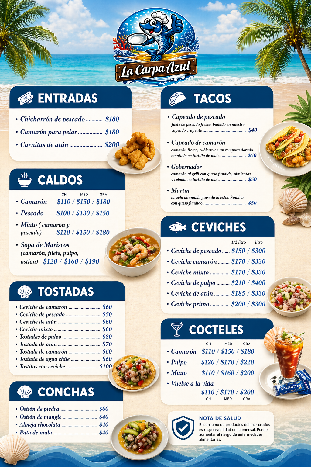 Menú de La Carpa Azul con ceviches, aguachiles, tostadas y cocteles de mariscos en San Nicolás de los Garza.