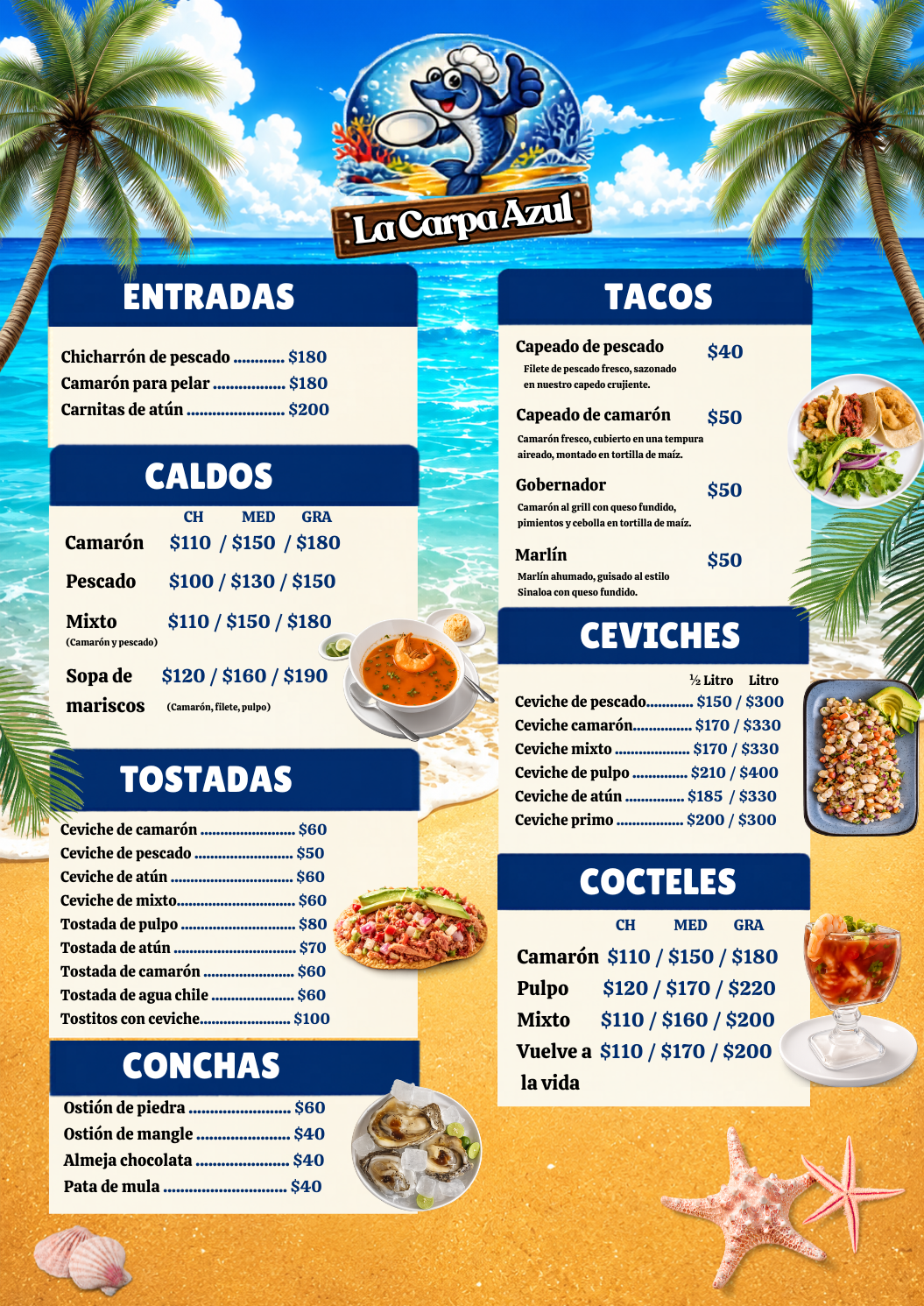 Vista previa del menú de mariscos de La Carpa Azul en San Nicolás de los Garza