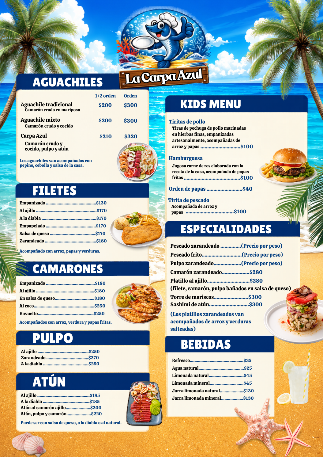 Menú de especialidades de mariscos, camarones, filetes, pulpo, tacos y bebidas de La Carpa Azul en San Nicolás.